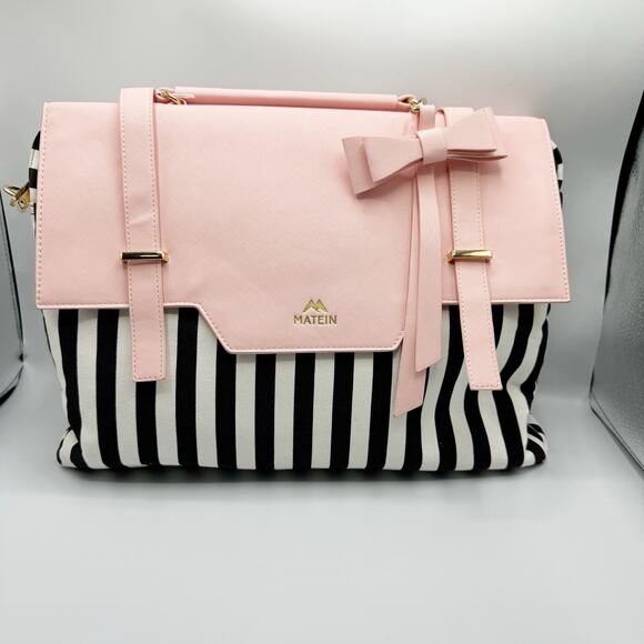 Matein Handbags - Matein 17 Laptop Bag Pink Black White Striped Padded RFID Bow Charm Lightweight